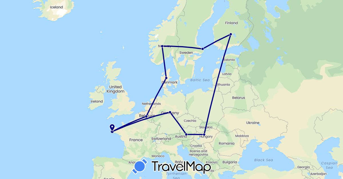TravelMap itinerary: driving in Austria, Belgium, Germany, Denmark, Finland, France, Hungary, Norway, Sweden (Europe)